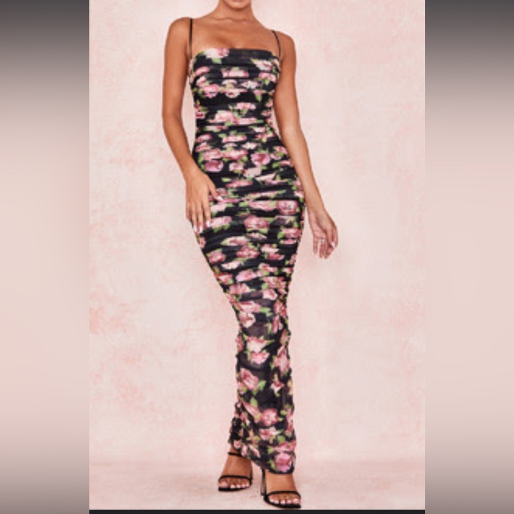 Fornarina Rose print organza mesh maxi dress